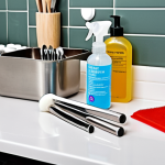 **

*   **Subject:** A clean, well-organized vanity or countertop.
*   **Elements:** Stainless steel spatulas and small spoons, silicone funnels of various sizes, a bottle of isopropyl alcohol, and disinfectant wipes. All tools are neatly arranged, suggesting hygiene and preparation. Maybe a partially refilled cosmetics container in the background.
*   **Style:** Bright, clean, and slightly clinical. Focus on the cleanliness and orderliness of the tools. Perhaps a shallow depth of field to keep focus on the tools in the foreground.
*   **Keywords:** hygiene, organization, stainless steel, silicone, cosmetics, clean, tools, reusable, zero waste.

**