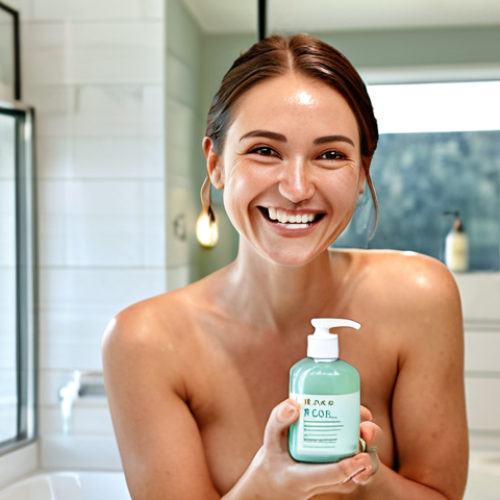 Home 14 ** A woman smiling while refilling a beautiful glass bottle with a facial cleanser refill pouch. Focus on the eco-friendly packaging and the clean, bright bathroom setting.
**