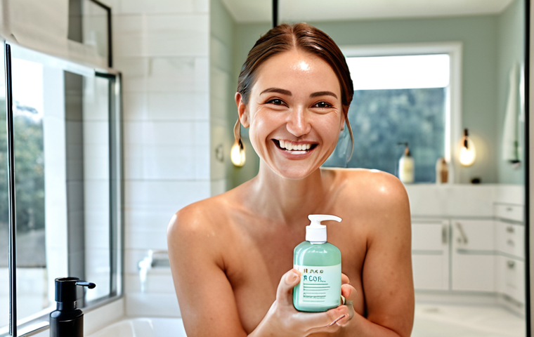 ** A woman smiling while refilling a beautiful glass bottle with a facial cleanser refill pouch. Focus on the eco-friendly packaging and the clean, bright bathroom setting.
**