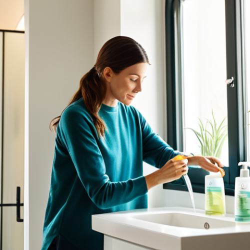 Home 7 A content adult woman, fully clothed in comfortable, modest attire, is in a brightly lit, modern bathroom. She is gracefully pouring a concentrated refill pouch of eco-friendly shampoo into a sleek, reusable dispenser bottle on a clean vanity. The scene highlights an organized, clutter-free space, emphasizing the simplicity and elegance of sustainable living. Sunlight streams through a large window, creating a soft, inviting atmosphere. Perfect anatomy, correct proportions, natural pose, well-formed hands, proper finger count, natural body proportions. Professional photography, high quality, sharp focus, vibrant colors, safe for work, appropriate content, fully clothed, modest.