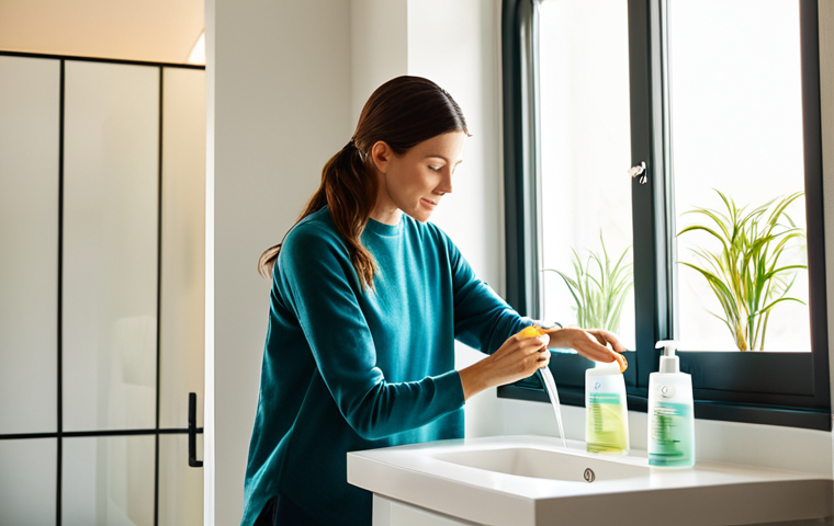 A content adult woman, fully clothed in comfortable, modest attire, is in a brightly lit, modern bathroom. She is gracefully pouring a concentrated refill pouch of eco-friendly shampoo into a sleek, reusable dispenser bottle on a clean vanity. The scene highlights an organized, clutter-free space, emphasizing the simplicity and elegance of sustainable living. Sunlight streams through a large window, creating a soft, inviting atmosphere. Perfect anatomy, correct proportions, natural pose, well-formed hands, proper finger count, natural body proportions. Professional photography, high quality, sharp focus, vibrant colors, safe for work, appropriate content, fully clothed, modest.