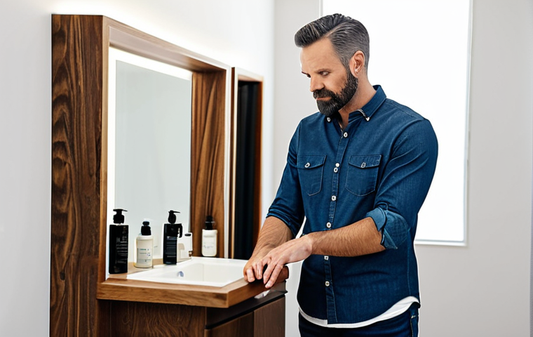 **
A professional man in his late 30s, fully clothed in a stylish, casual outfit (jeans and a button-down shirt), stands in a modern bathroom with refillable grooming products displayed on a wooden shelf. Focus on a refillable face cream and shaving oil. The background is clean and minimalist, with natural light. safe for work, appropriate content, perfect anatomy, well-formed hands, professional, modest, family-friendly.
**