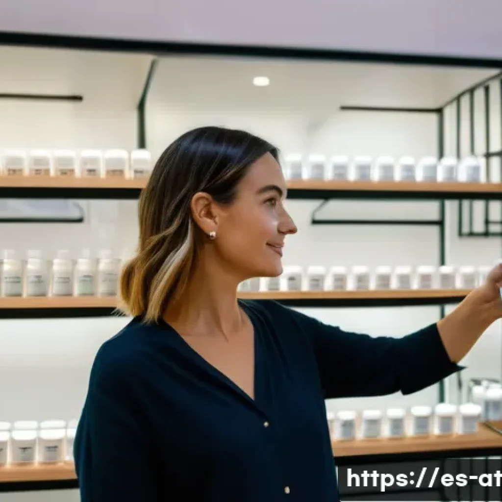 리필 화장품과 여성의 소비 패턴 - A modern eco-conscious woman in her early 30s standing in a bright, stylish boutique refill station ...