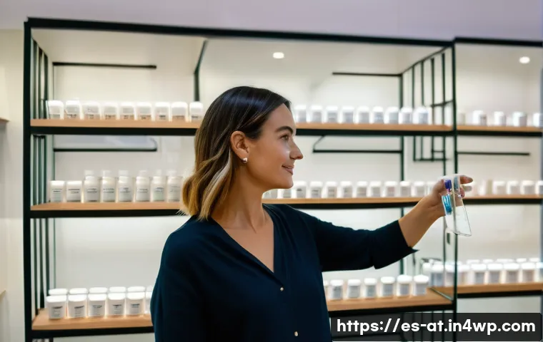리필 화장품과 여성의 소비 패턴 - A modern eco-conscious woman in her early 30s standing in a bright, stylish boutique refill station ...