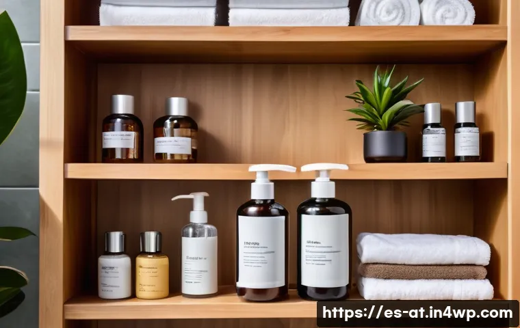 리필 화장품으로 코스트 절감하기 - A cozy, sunlit bathroom scene featuring a variety of eco-friendly refillable cosmetic containers suc...