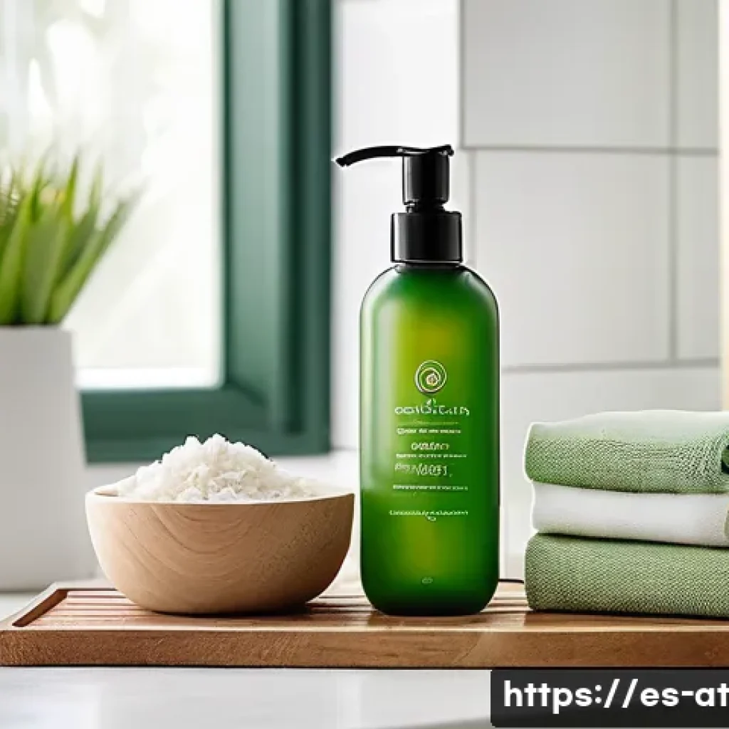 에코 프렌들리 리필 화장품 추천 - A bright, modern bathroom scene showcasing eco-friendly refillable cosmetic products from Spain, inc...