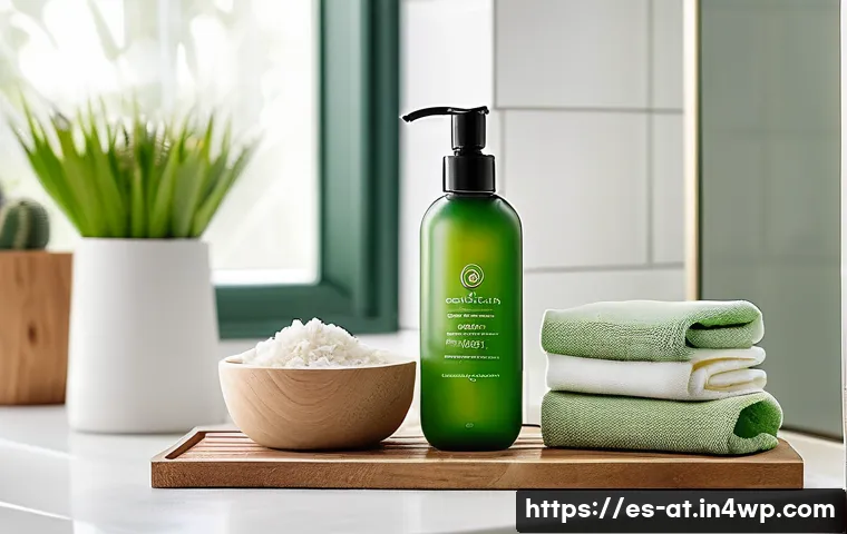 에코 프렌들리 리필 화장품 추천 - A bright, modern bathroom scene showcasing eco-friendly refillable cosmetic products from Spain, inc...
