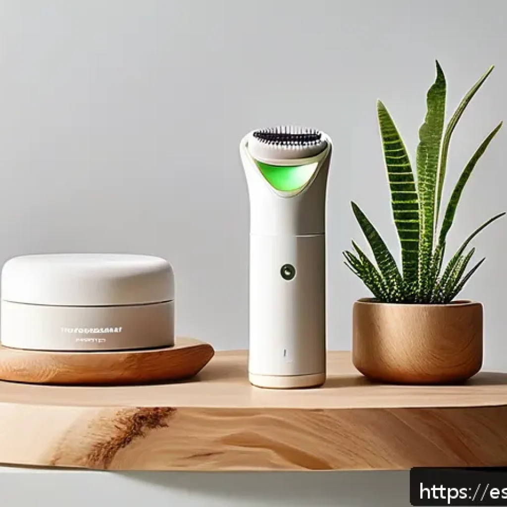리필 가능한 뷰티 툴 추천 - A sleek, modern rechargeable beauty device set displayed on a natural wooden vanity with eco-friendl...