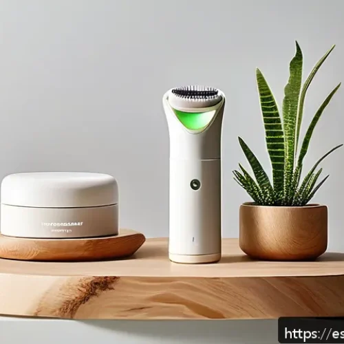 Home 33 리필 가능한 뷰티 툴 추천 - A sleek, modern rechargeable beauty device set displayed on a natural wooden vanity with eco-friendl...