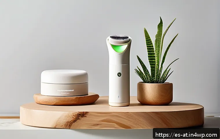 리필 가능한 뷰티 툴 추천 - A sleek, modern rechargeable beauty device set displayed on a natural wooden vanity with eco-friendl...