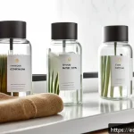 Home 20 리필 화장품과 마케팅의 미래 - A stylish bathroom vanity scene featuring a set of elegant, reusable cosmetic containers made from r...