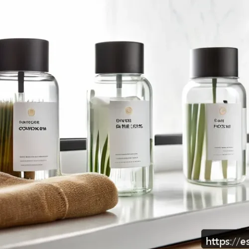 Home 32 리필 화장품과 마케팅의 미래 - A stylish bathroom vanity scene featuring a set of elegant, reusable cosmetic containers made from r...