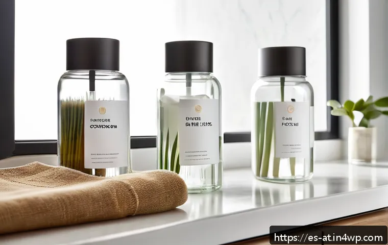 리필 화장품과 마케팅의 미래 - A stylish bathroom vanity scene featuring a set of elegant, reusable cosmetic containers made from r...