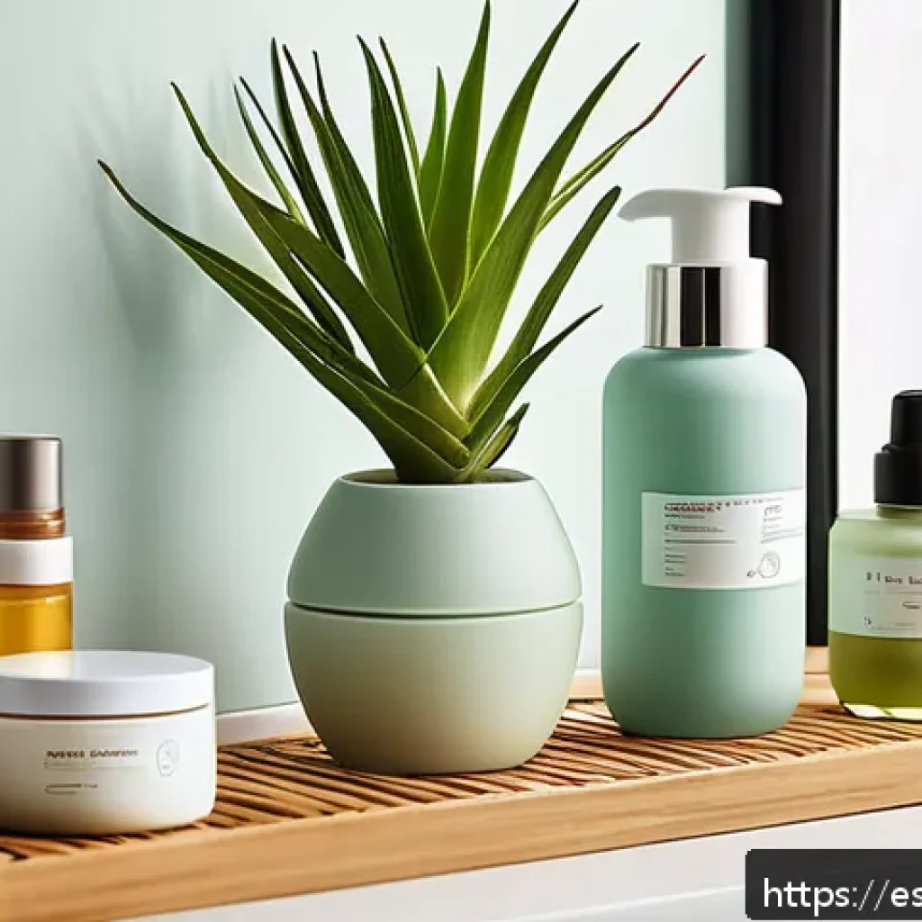 리필 가능 화장품의 사용 이유 - A modern, elegant bathroom countertop featuring a variety of refillable cosmetic containers includin...