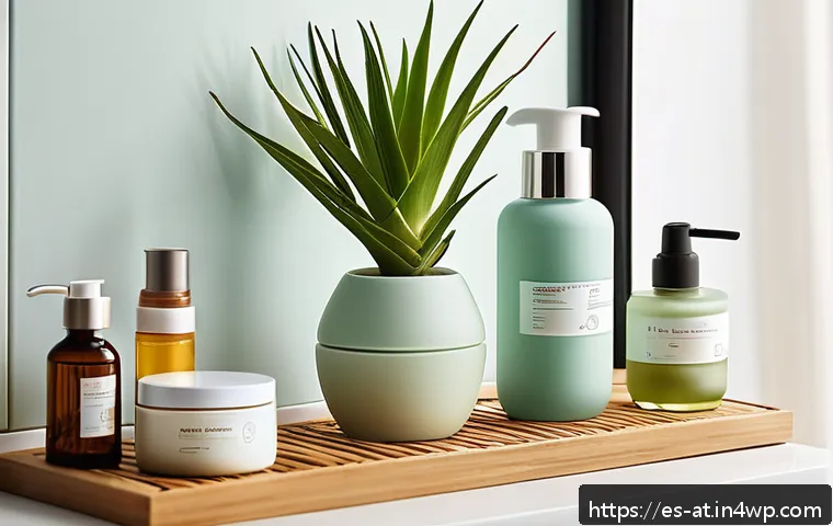 리필 가능 화장품의 사용 이유 - A modern, elegant bathroom countertop featuring a variety of refillable cosmetic containers includin...