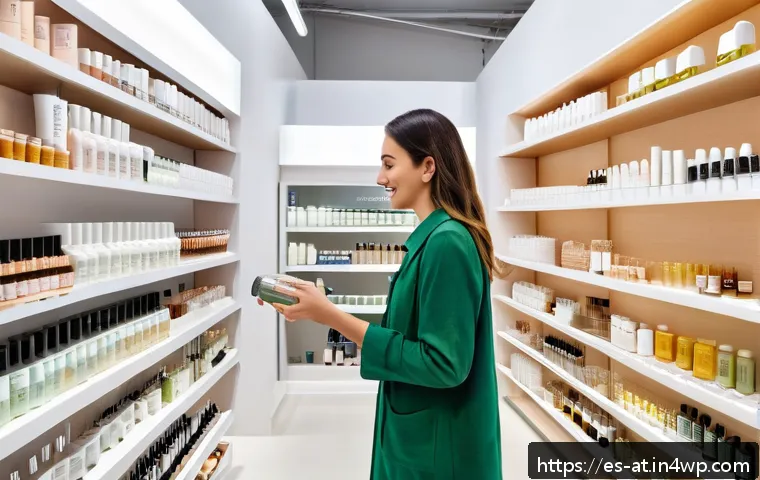 리필 가능 화장품의 가격 비교 - A bright, modern eco-friendly beauty store interior in Spain featuring a wide range of refillable co...