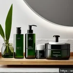 Home 23 리필 화장품의 재사용 가능성 - A stylish, eco-friendly vanity setup featuring elegant refillable cosmetic containers made of glass ...