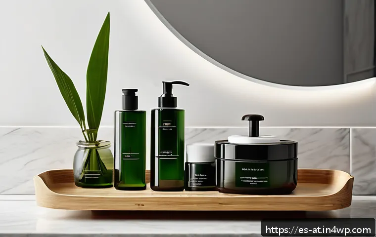 리필 화장품의 재사용 가능성 - A stylish, eco-friendly vanity setup featuring elegant refillable cosmetic containers made of glass ...