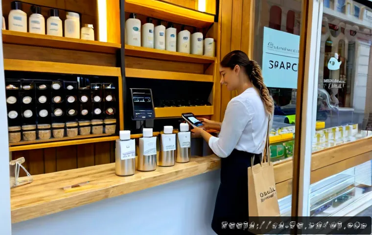 리필 가능 화장품의 비즈니스 기회 - Photorealistic sustainable cosmetics boutique in Madrid, Spain, a confident small business owner arr...