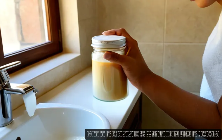 리필 화장품의 사용 시 주의해야 할 점 - Photorealistic close-up of a clean bathroom vanity in a Spanish home, an adult woman’s hands careful...